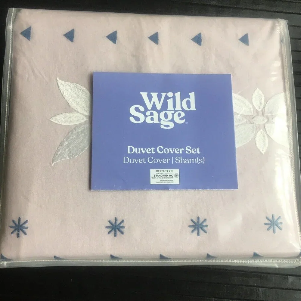 3-piece PINK Wild Sage Alana Embroidered Geometric FULL / QUEEN Duvet Cover Set